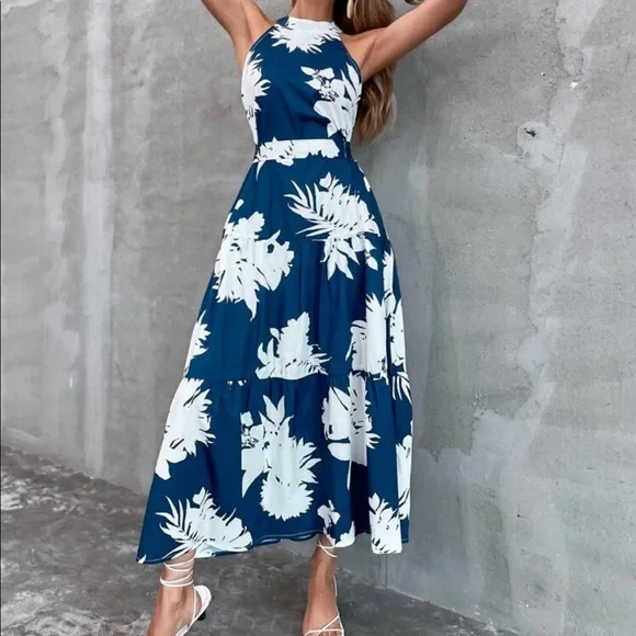 Boho floral plants cutout back ruffle hem dress - Picture 7 of 10